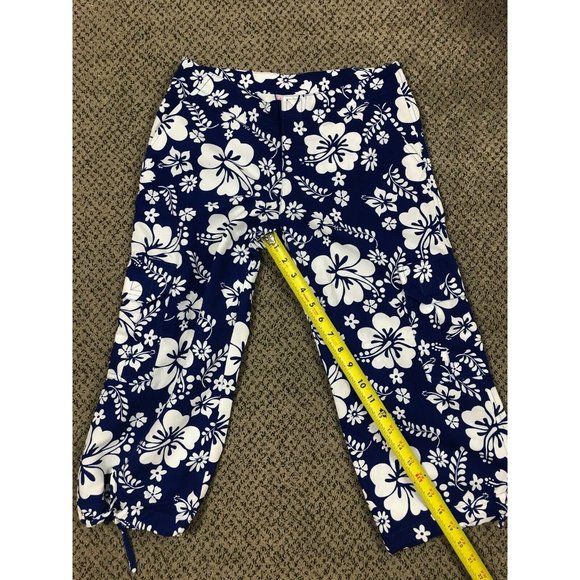 Outlook Womens Pants 1 Blue Floral Hawaiian Crop Capri Cargo Pockets Tie Hem - Picture 10 of 12